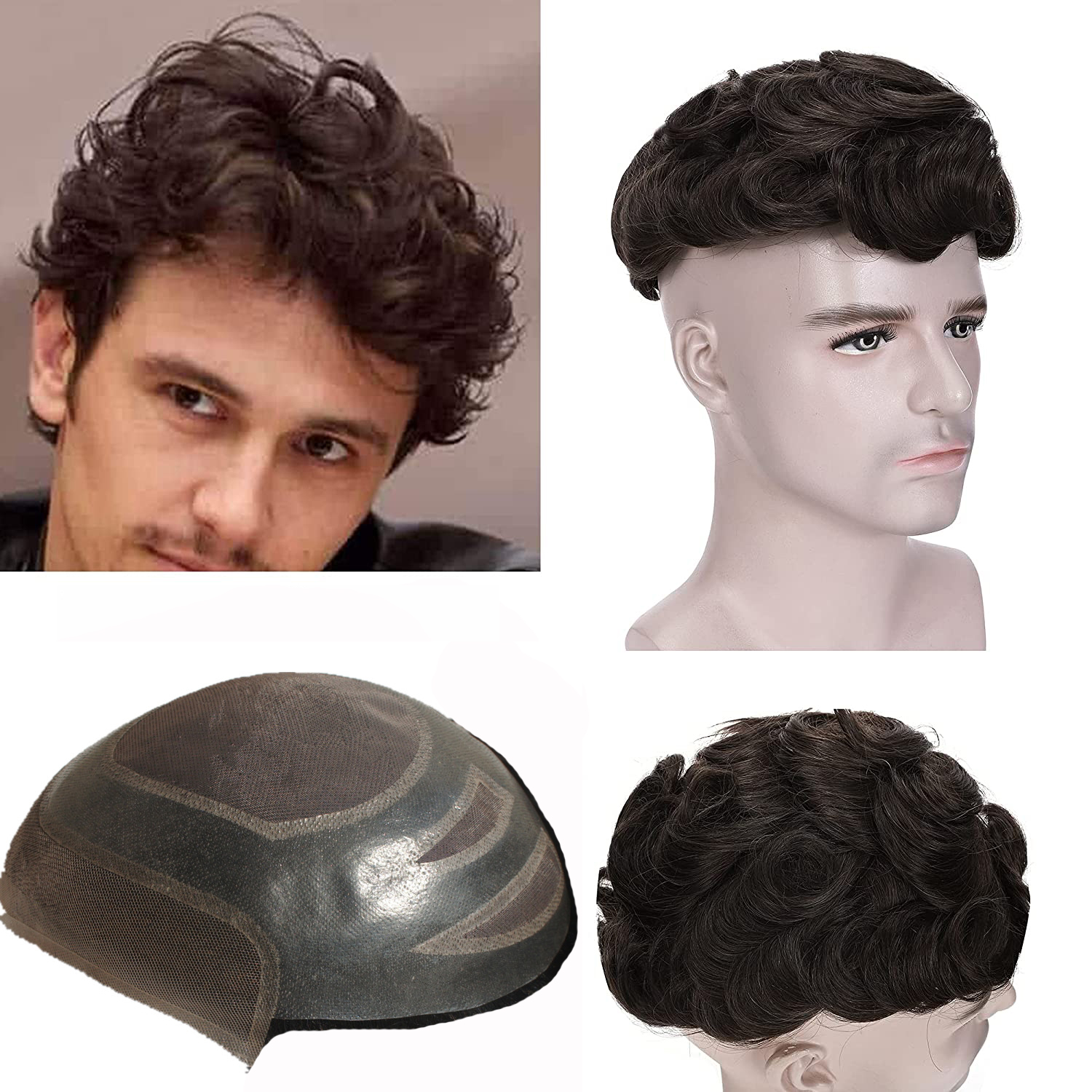 Mens Toupee Human Hair Topper Hairpiece for Men 8x10 PU Thin Skin System Indian Virgin Human Hair 130% Density 6 Long Curly Men's Hairpiece Replacement Wig -4 eyes(3)