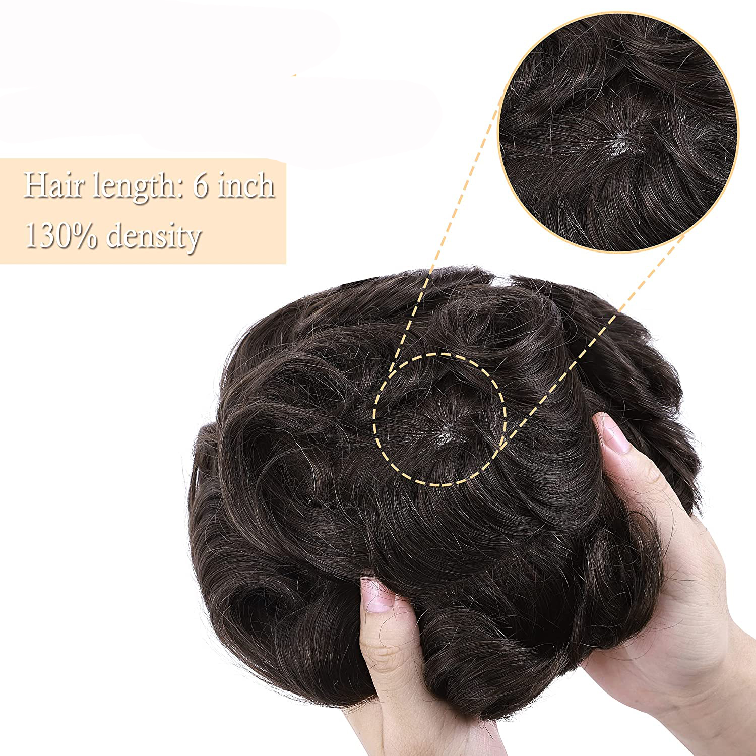 Mens Toupee Human Hair Topper Hairpiece for Men 8x10 PU Thin Skin System Indian Virgin Human Hair 130% Density 6 Long Curly Men's Hairpiece Replacement Wig -Medium Brown (2