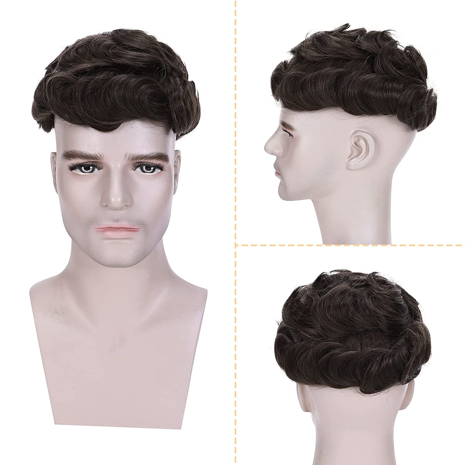 Mens Toupee Human Hair Topper Hairpiece for Men 8x10 PU Thin Skin System Indian Virgin Human Hair 130% Density 6 Long Curly Men's Hairpiece Replacement Wig -Medium Brown (4)