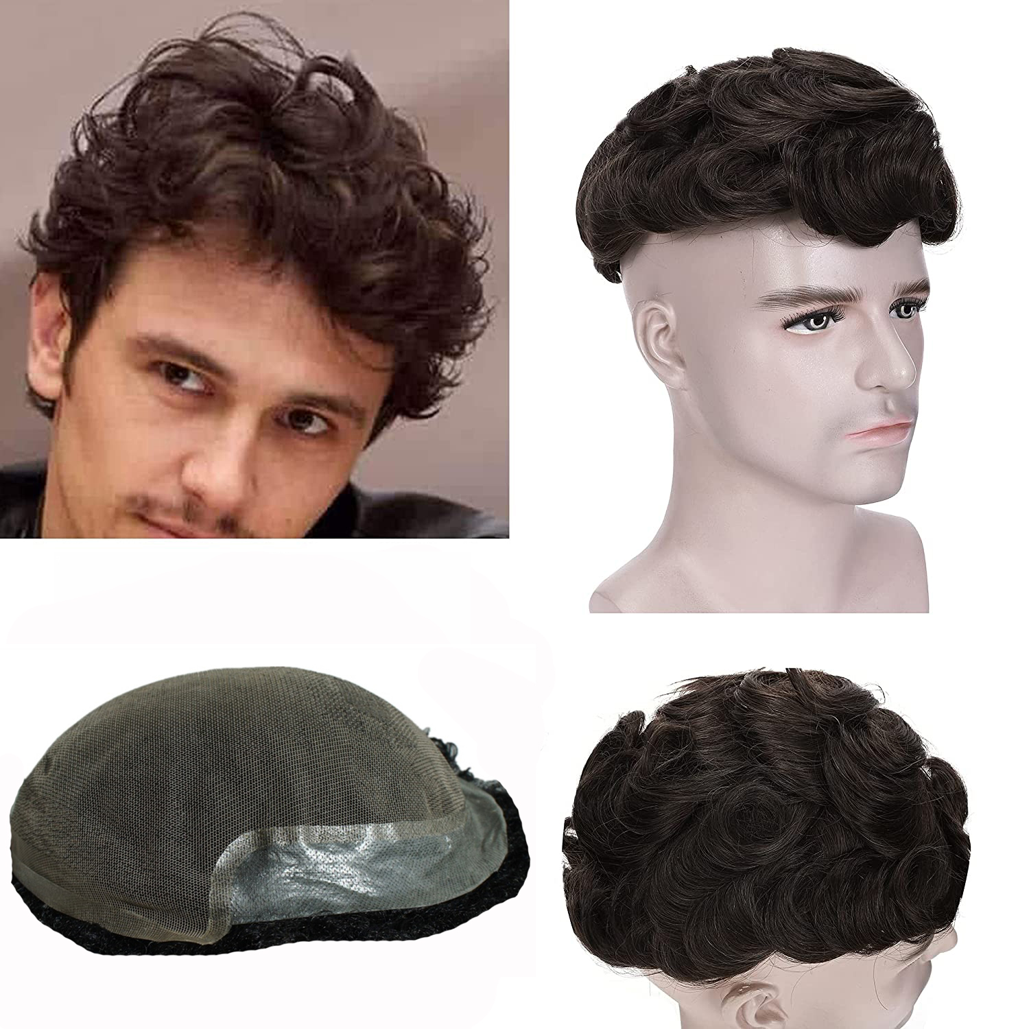 Mens Toupee Human Hair Topper Hairpiece for Men 8x10 PU Thin Skin System Indian Virgin Human Hair 130% Density 6 Long Curly Men's Hairpiece Replacement Wig -PU back (3)