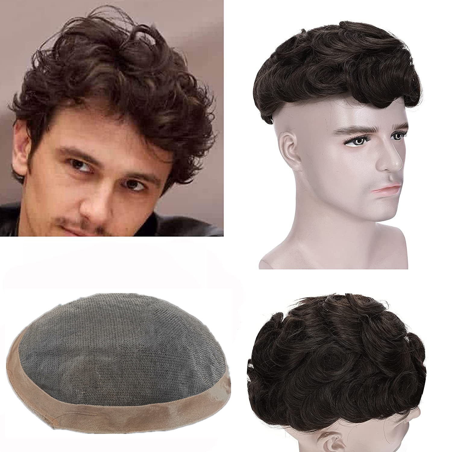 Mens Toupee Human Hair Topper Hairpiece for Men 8x10 PU Thin Skin System Indian Virgin Human Hair 130% Density 6 Long Curly Men's Hairpiece Replacement Wig -mono
